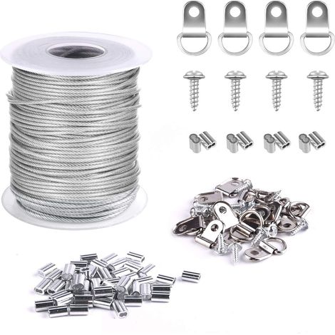 Photo Hangers Kit Picture Hooks, 1.5 mm x 30 m Photo Frame Hanging Wire 304 Stainless Steel Wire Spool 30 Pcs Aluminium Folding Buckle Sleeves and 15 Sets D-Ring (1/5)