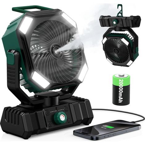 Ventilateur Brumisateur Portable 20000mAh, Réservoir 300ml, Oscillation 45°-90°, Rotation 270°, Télécommande, LED, Ventilateur Camping Rechargeable pour Extérieur, Tente, Bureau (1/5)