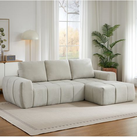 Canapé d’angle compressé beige en velours côtelé avec coussins amovibles, garnissage mousse et ressorts ensachés, sans montage (1/5)
