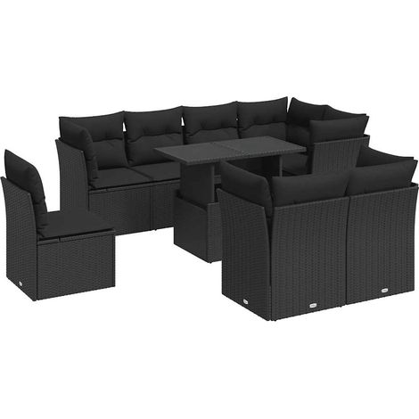 Sedute da esterno - Set Divani da Giardino 9 pz con Cuscini Nero in Polyrattan (1/5)
