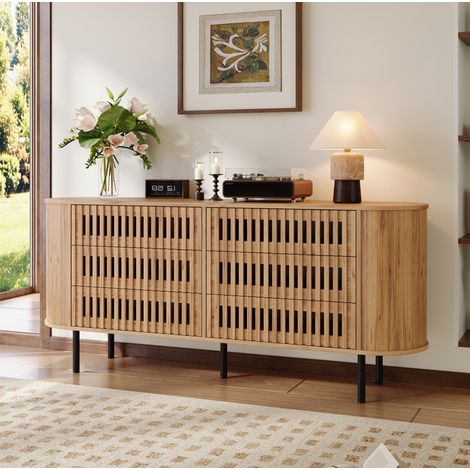 Credenza 160x40x70 cm con 6 cassetti, design a doghe, struttura MDF, gambe in metallo, legno - naturale (1/5)
