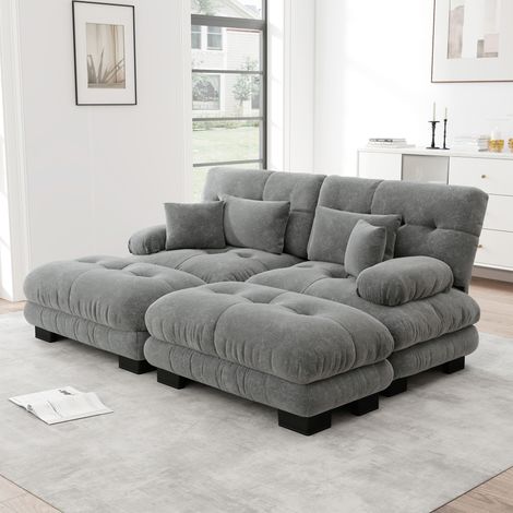 Sofá 2 plazas con 2 cojines lumbares y 2 cojines decorativos 2 reposapiés amplios reposabrazos color gris chenilla (1/5)