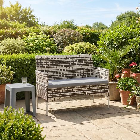 Canapé jardin 2 places résine tressée extérieur coussins accoudoirs 115x63x85 cm gris clair (1/5)
