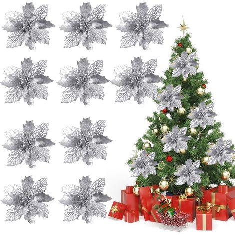 10 Fleurs Artificielles Poinsettia Pailletées pour Décoration de Noël Réutilisables (1/5)