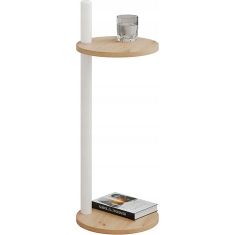 Mesita auxiliar redonda tipo loft con estante, 30x30x80 cm, metal blanco. (1/5)