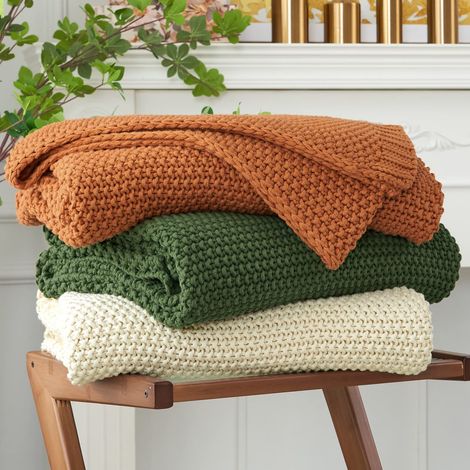 Couverture légère en Tricot torsadé épais 100% Coton Bio pour canapé, lit, Chambre de bébé, Rustique, Shabby Chic, Ferme Moderne, 129,5 x 160 cm, avec Sac de Lavage (1/5)