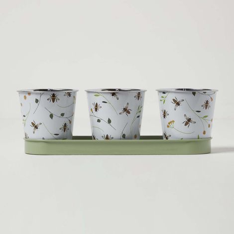 HOMESCAPES Blumentopf-Set Blumen & Bienen grün-weiß – 3 0,5l-Pflanztöpfe mit Tablett