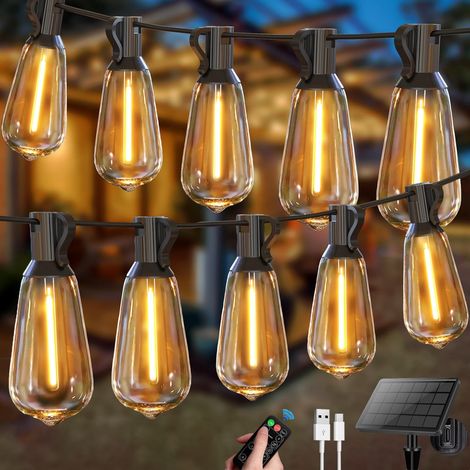 Catena di luci solari da esterno da 10 m, Luce da giardino ricaricabile tramite USB con telecomando e 15+1 lampadine LED ST38, impermeabile IP44 (1/5)