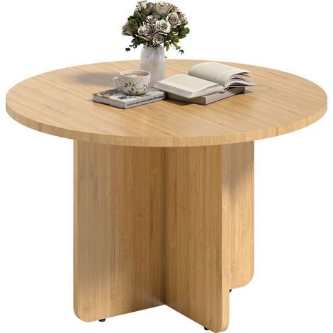 Table basse ronde, table de salon en bambou avec piètement croisé, naturelle en bambou durable et écologique facile à assembler avec instructions incluses