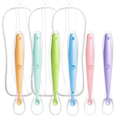 Lot de 6 cuillères silicone souple pour bébé + 3 boîtes rangement - Vaisselle enfant - 6 couleurs