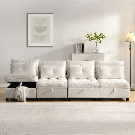 Canapé droit 4 places modulable-combinaison libre-fonction couchage-chenille-rangements sous coussins-274x76x87(cm) (1/5)