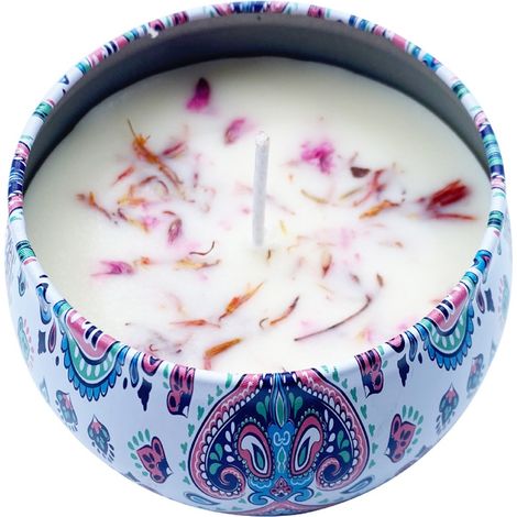 Coffret métal fleurs séchées Saint-Valentin, bougie parfumée senteur bleu clochette, motif aléatoire. (1/4)