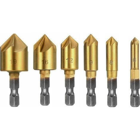 6 Pcs Forets Fraise à Chanfrein 1/4'' Tige Hexagonale 90° HSS Foret à Tête Fraisée Jeu de Forets à Chanfreiner pour Bois 6 mm – 19 mm (1/5)
