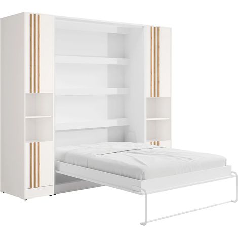 Letto a scomparsa verticale 140 x 200 cm 2 colonne contenitore Con doghe e LED Bianco - RAPILI