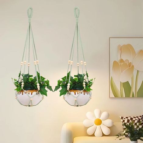 Lot de 2 suspensions pour plantes en macramé vert – Cache-pots suspendus sans pompons pour décoration intérieure et extérieure (1/3)