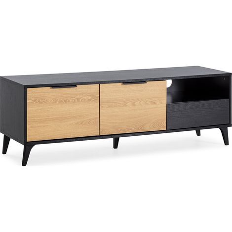 Meuble TV Kalma 2 portes 1 tiroir noir/chêne, longueur 136 cm