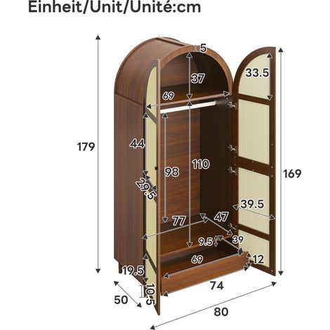 Armoire-penderie, rangement intégré, avec tiroirs, 80 x 50 x 179 cm, panneaux de particules et MDF, chêne (1/5)