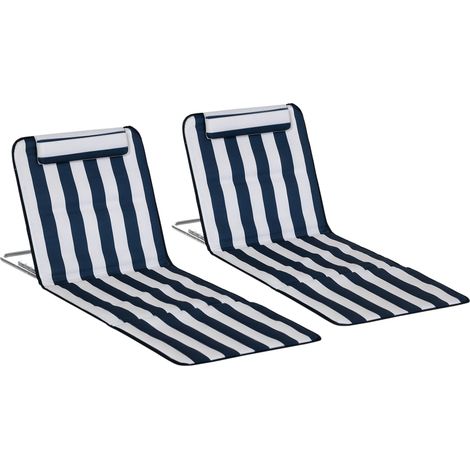 Outsunny Set of 2 Foldable Garden Beach Chair Mat Lightweight Outdoor Sun Lounger Seats Adjustable Back Metal Frame PE Fabric Head Pillow w/ Carry Bag, Blue