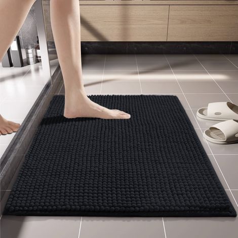 Tapis de Bain en Chenille, 60x40cm Tapis de Douche Super Absorbant, Tapis Salle de Bain Antidérapant, Décoratif Lavable en Machine,Noir (1/5)