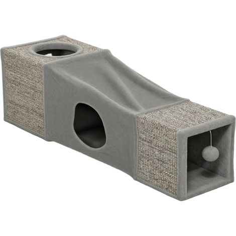 Tunnel de jeu pour chat intérieur avec balle suspendue, entrées multiples, sisal naturel, 98 x 30 x 30 cm, gris (1/5)