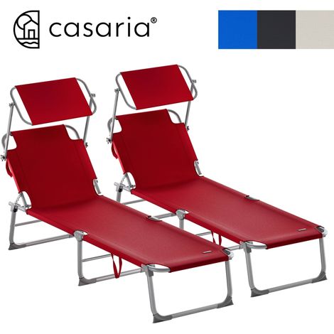 Chaise longue pliable transat avec pare-soleil facile à transporter bain de soleil pour plage jardin camping  2x Rouge rubis