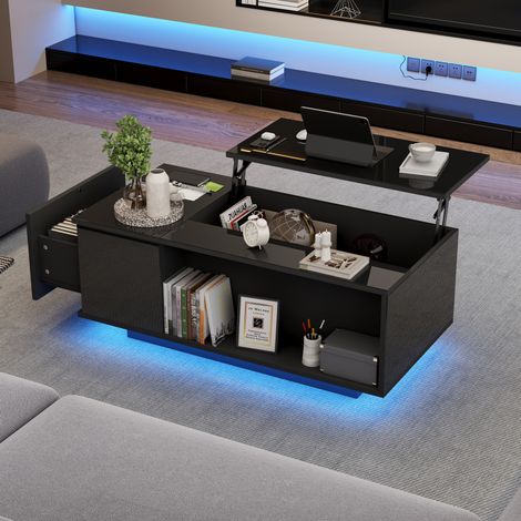 Mesa de centro elevable (100x50x40 cm), con almacenaje oculto, cajón lateral, luz LED, tablero de aglomerado negro (1/5)