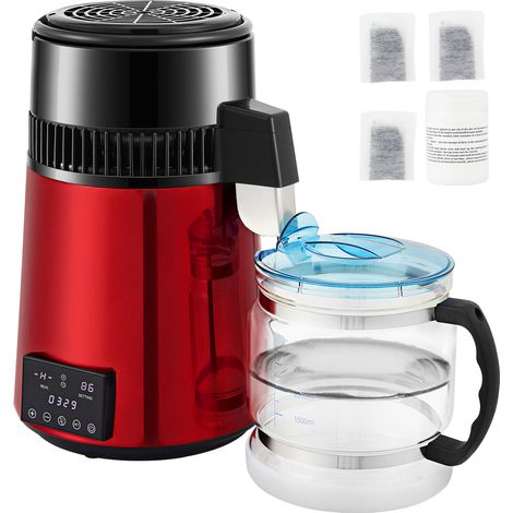 Mophorn-Wasserdestilliergerät, 1 l/h, 4 l Fassungsvermögen mit 0–99-h-Timer, 750 W Arbeitsplattenreiniger, doppelte Temperaturanzeige, Glaskaraffe, Reinigungspulver und 3 Aktivkohlepackungen im