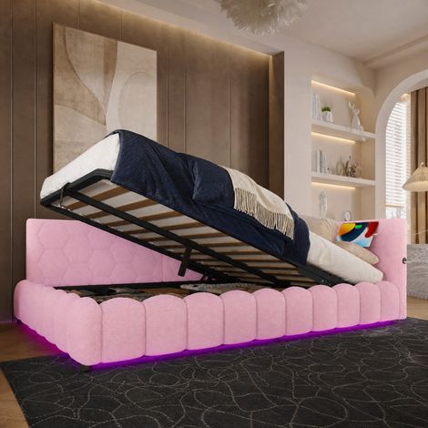 Lit coffre 140x200 cm en bois et tissu rose, avec rangement pour chambre, sans matelas FloraGrace (1/5)