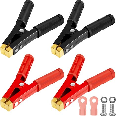 Lot de 4 pinces crocodiles 1000 A pour batterie de voiture, grandes, câbles de démarrage, pinces crocodiles de voiture, en cuivre pur avec gaine isolante, 155 mm, rouge + noir (1/5)