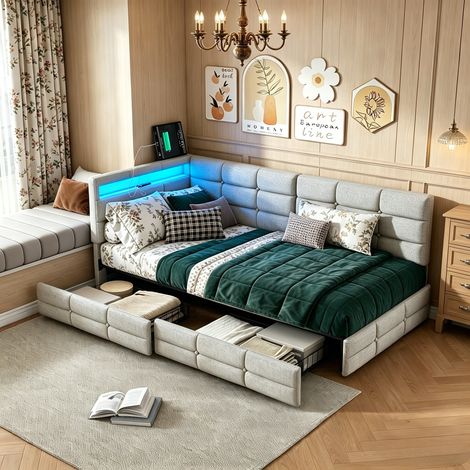 JOOKGBD–Divano letto 140x190 cm,letto contenitore,letto matrimoniale imbottito con 2 cassetti,LED,USB,letto adolescente con testiera imbottita,rete a doghe,lino,beige