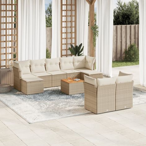 Ensemble Salon Jardin Résine Tressée Beige 10 Pièces avec Coussins - Canapé d'Angle, Central, Table Acacia et Repose-Pieds - Mobilier Extérieur Modulaire (1/3)