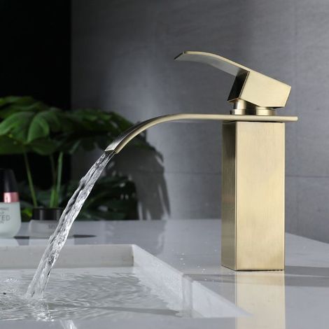 Robinet de Lavabo Doré Bec Cascade - Robinet Salle de Bain en Acier Inoxydable - Mitigeur Baignoire - Robinet Vintage