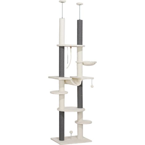Árbol rascador para gatos de techo ajustable 225-255 cm blanco con hamacas y bolas (1/5)