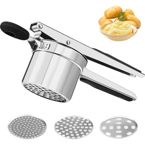 Presse purée de pommes de terre en acier inoxydable, livrée avec 3 disques et poignées en silicone antidérapantes, adaptée pour la purée de pommes de terre, les pâtes, le jus et la glace (1/5)