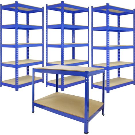 Scaffale da Garage ad Incastro Q-Rax Scaffali per Garage Scaffalature Officina in Acciaio e MDF Senza Bulloni Mensole per Garage - Blu - 90cm x 50cm - 3 Pezzi con Banco da lavoro da 120 cm e Martello