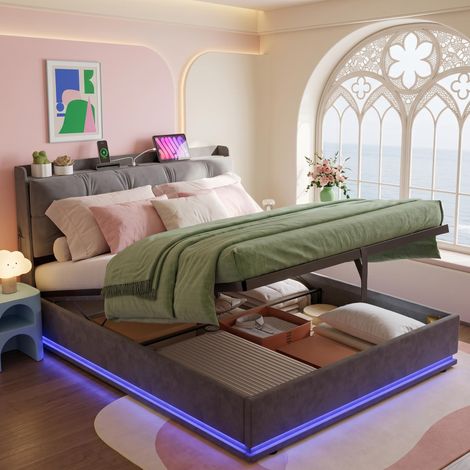 Lit Coffre 140x190 cm Velours Gris avec LED RGB USB Type-C, Lit Double Rembourré avce Poches Latérales, Sommier Inclus, Design Scandinave (1/5)