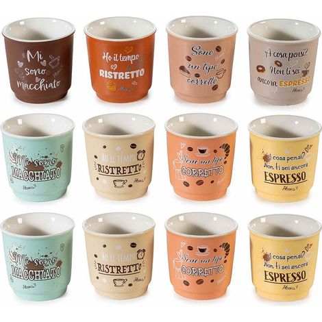 Bicchierini da caffè in porcellana colorata con scritte a tema, set da 12 pezzi, Ø 6 cm x 6 H
