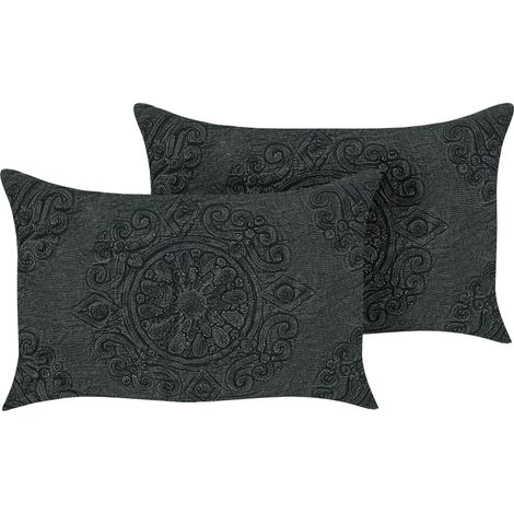 Lot de 2 Coussins Décoratifs Oriental 30 x 50 cm en Tissu Gris Foncé Veloor