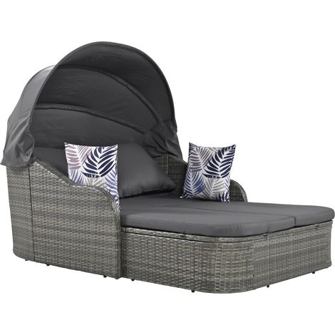 Bain de soleil double avec auvent réglable – Lounge de jardin en PE rotin, inclut 4 coussins avec housses amovibles, dossier inclinable – Idéal pour piscine, terrasse et jardin – Gris