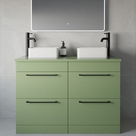 Napoli 460 Olive Green 1200mm 4 Drawer Vanity Unit for Countertop Basins - 1200mm - Matt Black 320mm Handle