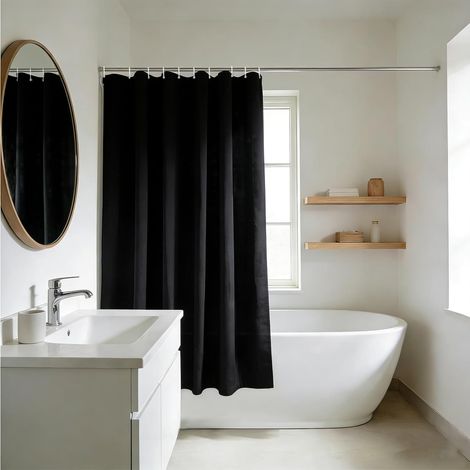 Rideau De Douche - 1 Pièce - Polyester - Imperméable Avec Œillets Métal - Pour Salle De Bain - 150x150 Cm Noir (1/5)