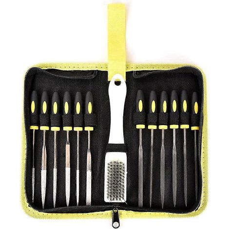 L'ensemble comprend un jeu de 13 limes aiguilles, 6 limes diamantées et 6 limes en acier, une brosse de nettoyage et une boîte de rangement avec poignée. (1/5)