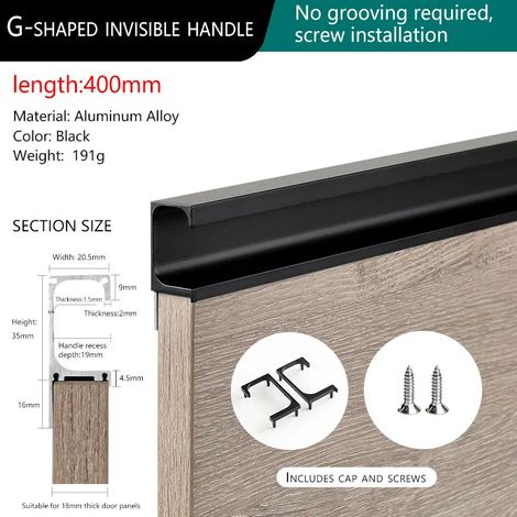 Poignées de tiroirs de cuisine (noires, 400 mm - 1 pièce) en profilé aluminium invisible sans rainure, en forme de G, pour fixation sans perçage. (1/5)