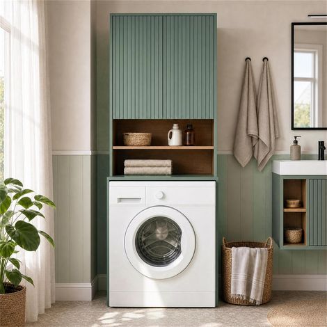 UEV Armoire pour Machine à Laver et Sèche-Linge, Motif de Lignes, 3 Compartiments Cachés et 2 Étagères Ouvertes, Tablettes Réglables, pour Salle de Bain, Balcon, 68 x 190 x 50 cm, Vert (1/5)