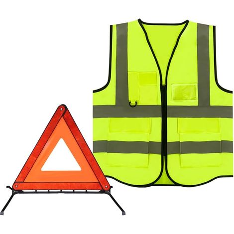Kit Triangle de Signalisation, 2in1 Triangle et Gilet Jaune pour Voiture, Ensemble Gilet D'avertissement, Pliable Gilet Triangle Voiture Kit, Securite Voiture Réfléchissant Kit, pour Voiture (1/5)