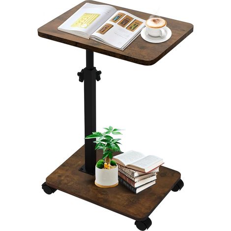 Table d'Appoint en Forme de C Réglable en Hauteur avec Plateau Pivotant à 360° et roulettes sous Le Canapé pour Salon Canapé et Chambre à Coucher Marron rétro (1/5)