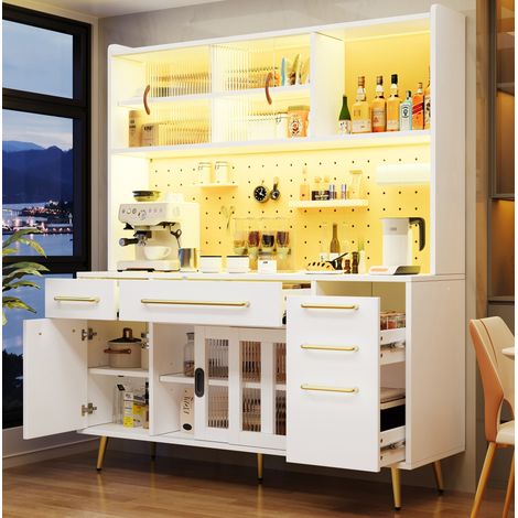 Buffet haut 145x39x171 cm en MDF, verre et métal blanc, LED et rangement pour cuisine – MEUBLIV (1/5)