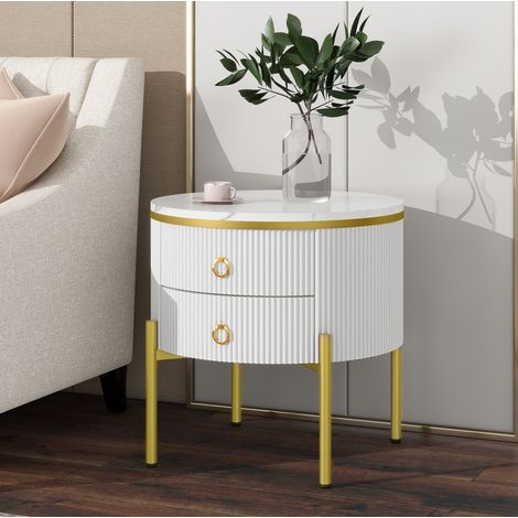 Tavolino contenitore 50x50x51 cm bianco e oro in MDF con 2 cassetti e piedini regolabili (1/5)