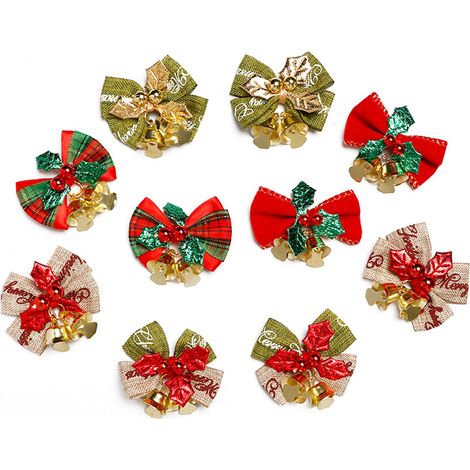 Lot de 10 nœuds de Noël avec clochettes, mini nœuds décoratifs pour Noël (1/5)