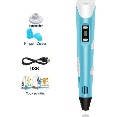 Lápiz de impresión 3D para niños, rompecabezas 3D para armar, modelo USB + libro de pintura plegable + fundas para dedos, azul (1/2)